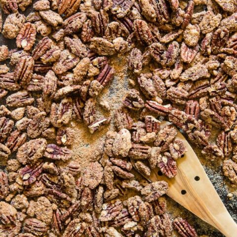 Sweet slow roasted praline pecans. Spiced with cocoa powder, cinnamon, sugar and just a touch of kosher salt. These nuts are perfect for snacking!