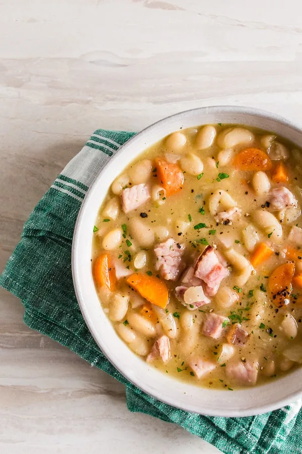 ham and bean soup in a bowl. 