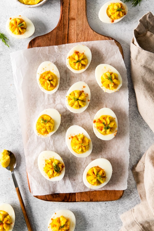 Classic Deviled Eggs on a serving tray. 