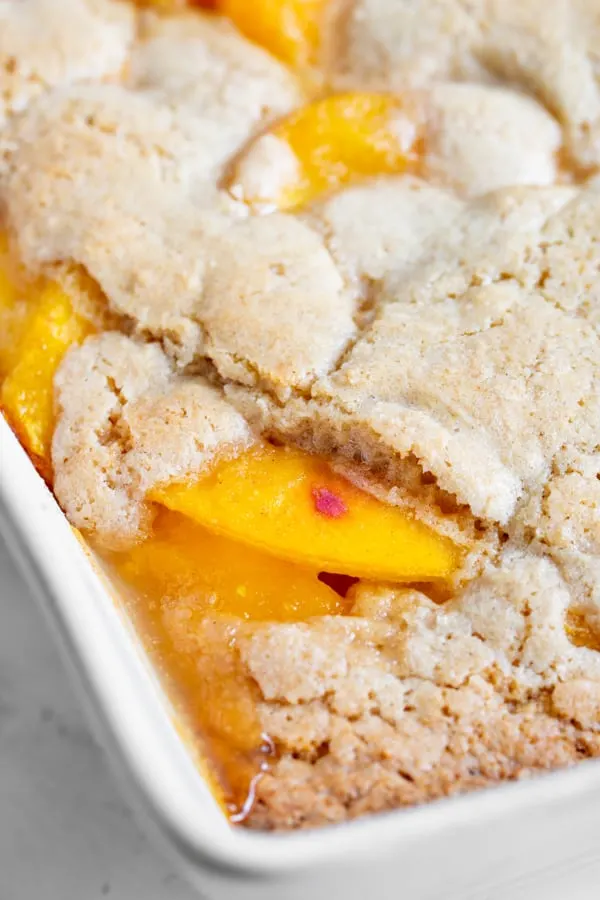 close up of cooked peaches for frozen peach cobbler recipe