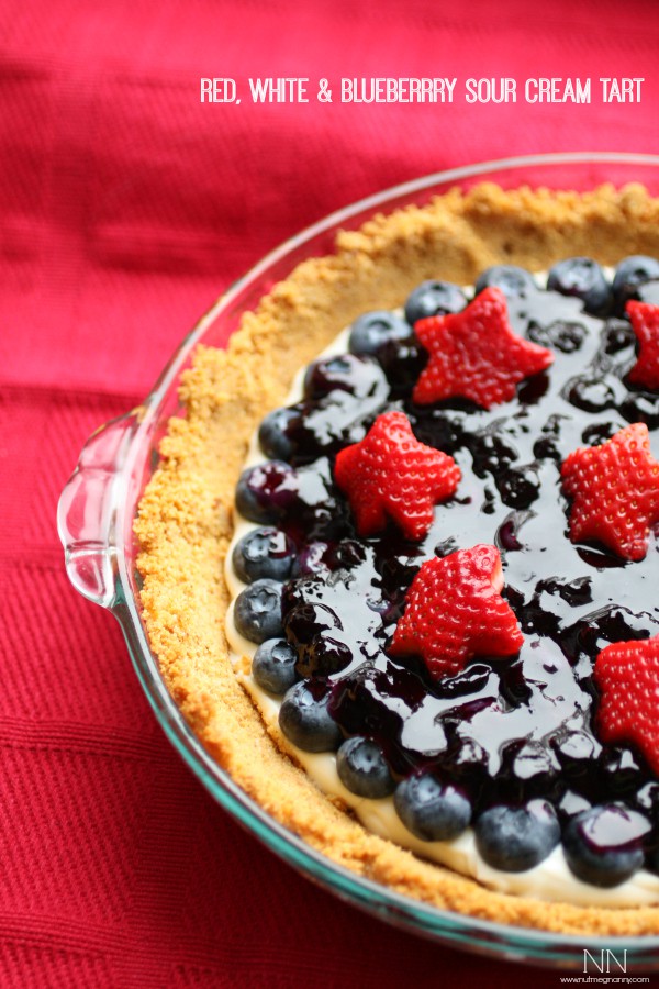 Blueberry Sour Cream Tart in a pie plate. 