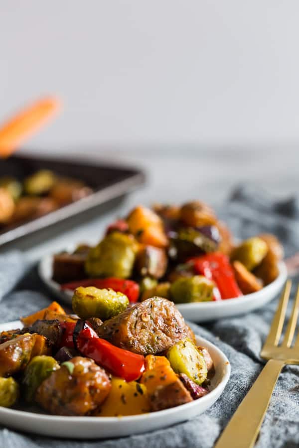 This sheet pan chicken sausage and vegetables is the perfect weeknight meal. It's hearty, full of vegetables and ready in no time. Plus there is only one sheet pan to clean up! Your whole family will love this dish! 