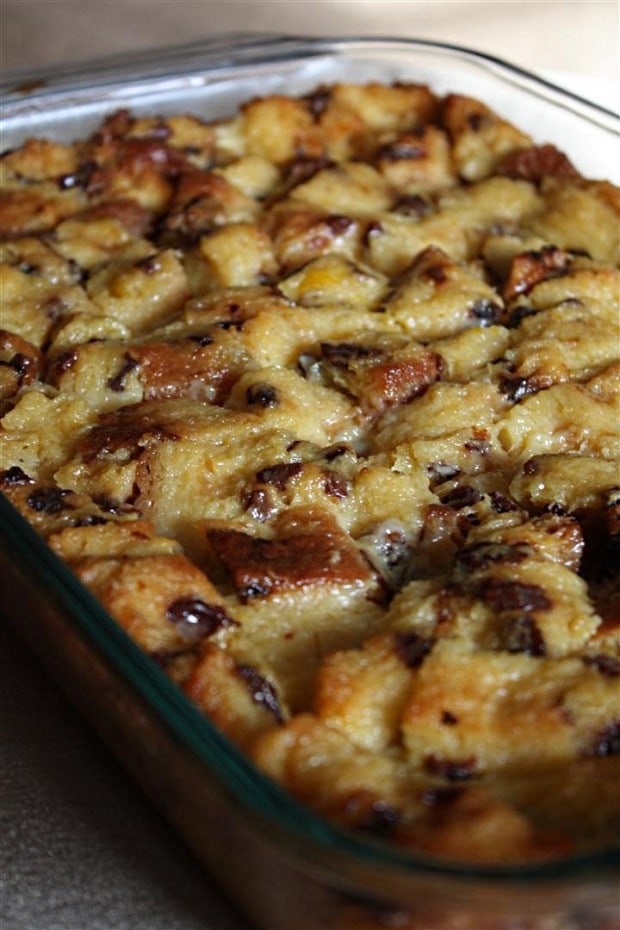 Panettone Bread Pudding in a casserole dish. 