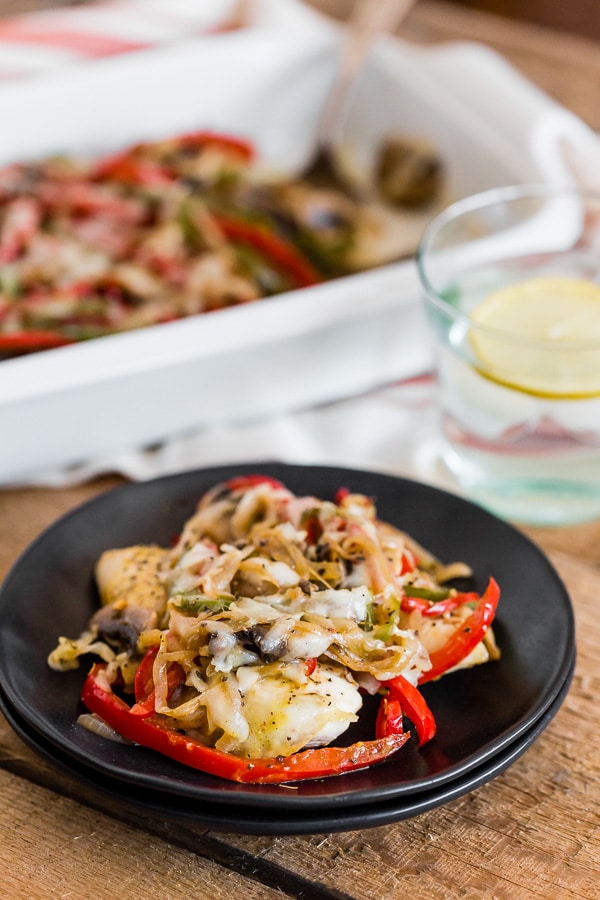 This lightly smothered chicken is drizzled with homemade honey mustard and then covered in onions, peppers, mushrooms and just a little cheese. Perfect for your healthy diet but still packed with delicious flavor!