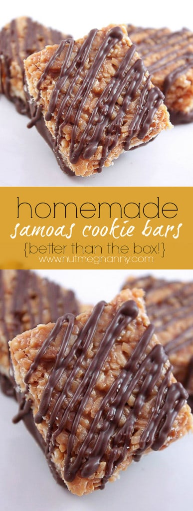 These homemade girl scout samoas cookie bars are better than the original! Easy to make and packed full of caramel, chocolate and coconut flavor!
