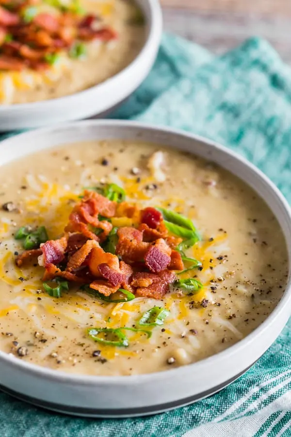 Loaded Baked Potato Soup topping with bacon. 