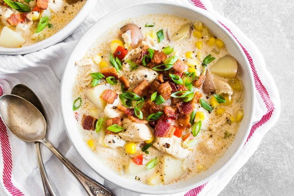 Chicken Corn Chowder served with bacon on top. 