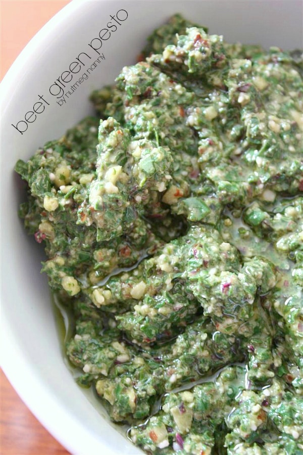 This beet green pesto is the perfect way to use up all those pesky beet tops. Full of vitamins and minerals this pesto is perfect on pasta, toasted bread and even when used as a delicious topping for grilled meats. You'll love how easy this pesto comes together! 