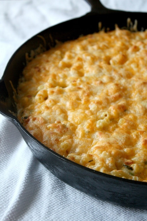 Poblano Macaroni and Cheese in a skillet. 
