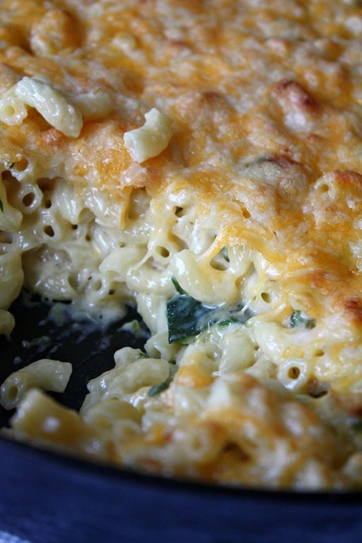 Poblano Macaroni and Cheese with a scoop taken out. 