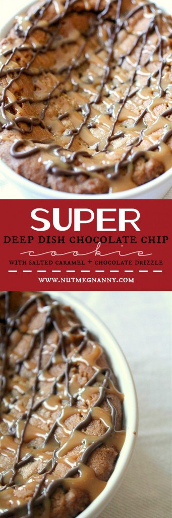 This super deep dish chocolate chip cookie is packed full of flavor and drizzled with melted chocolate and lots of salted caramel.