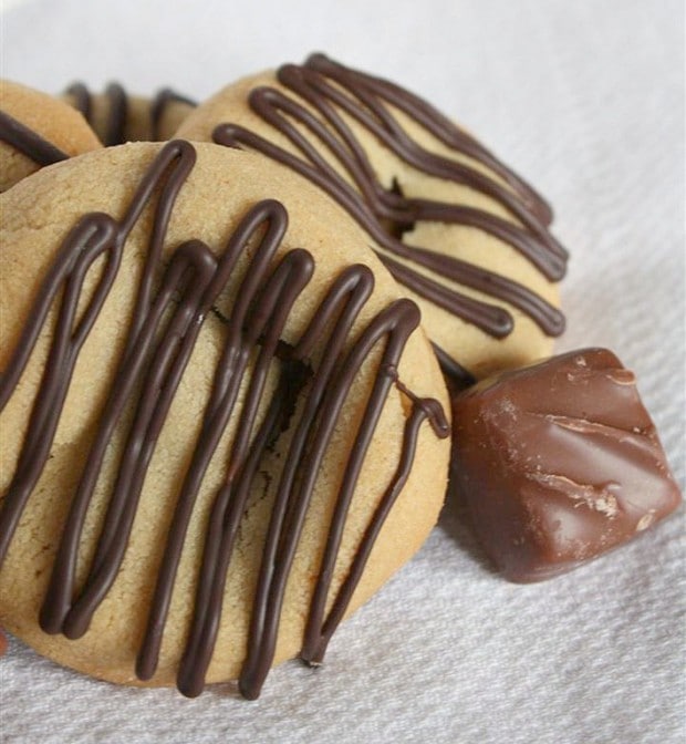 Sweet peanut butter Snicker cookies drizzled with chocolate and made with love. They are the perfect addition to your Christmas platter.