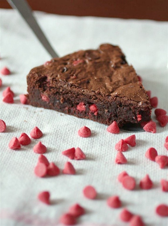 These cherry chocolate chip brownies are packed full of fudgy chocolate flavor and filled with sweet cherry morsels. A perfect Valentine's Day dessert.