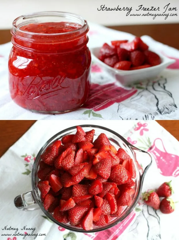 This super easy strawberry freezer jam is the perfect way to use up all those sweet summer strawberries. It's great on toast or poured on ice cream.