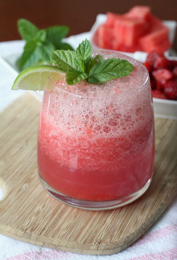 This strawberry watermelon agua fresca is the perfect non-alcoholic hot weather treat. It's made from fresh fruit, lime, seltzer and just a little sugar.