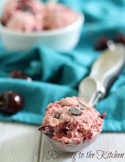 Roasted Cherry Chocolate Chip Frozen Yogurt scooped out. 