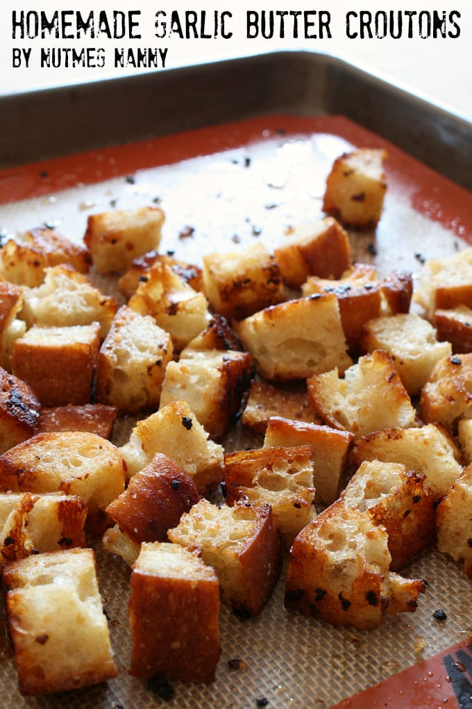 These homemade garlic butter croutons are full of flavor and perfect on top of soup or salad. Full of flavor and ready in just about 30 minutes.