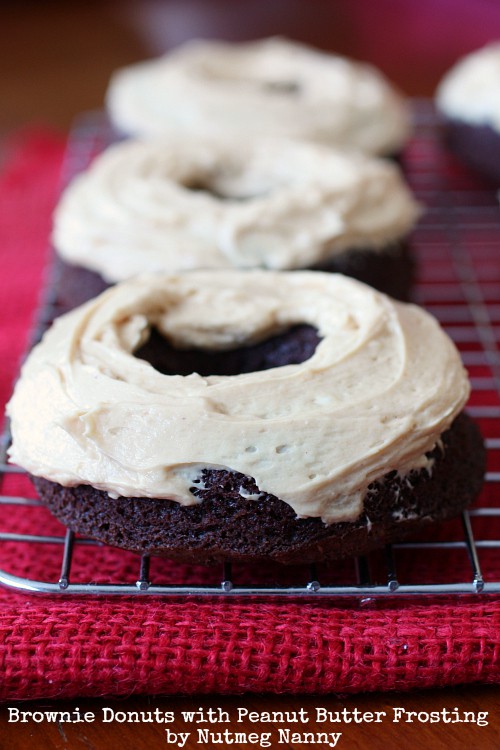 These brownie donuts with fluffy peanut butter frosting are the best dessert for your chocolate peanut butter fix. The brownies are rich and the frosting is fluffy and light.