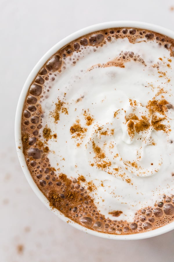 Vitamix hot chocolate in a white mug