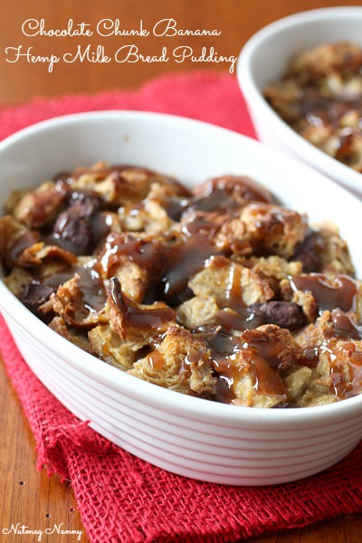 This chocolate chunk banana hemp milk bread pudding is packed full of sweet non-dairy flavor and the perfect use for all your ripe bananas. Hello dessert!