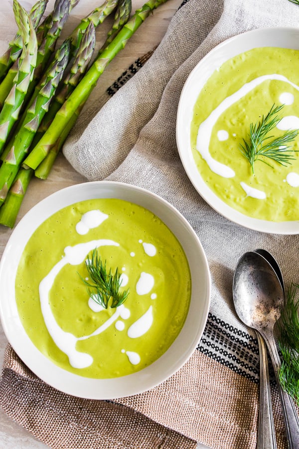 overhead shot of Cream of Roasted Asparagus Soup