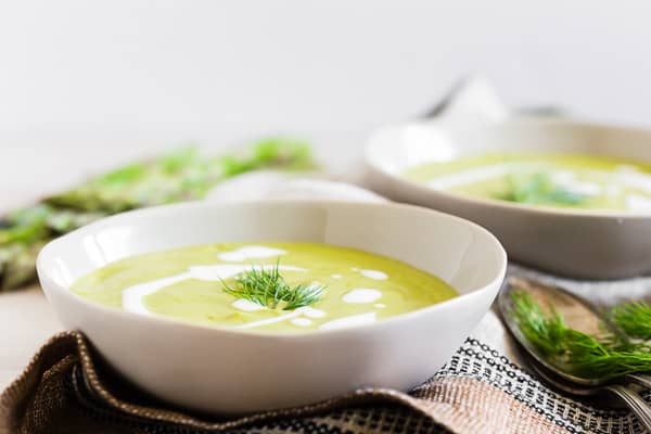 Cream of Roasted Asparagus Soup in 2 small bowls
