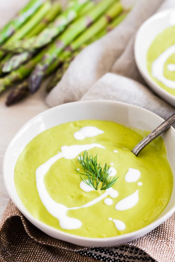 Cream of Roasted Asparagus Soup in a small bowl