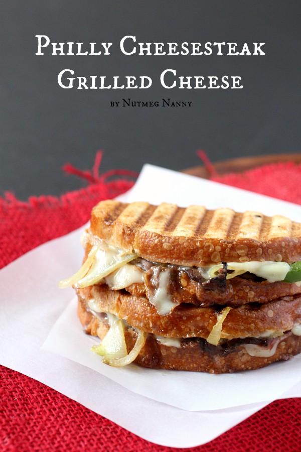 This Philly cheesesteak grilled cheese is packed with rare roast beef, onions, green peppers and lots of melty cheese. This is no boring grilled cheese!