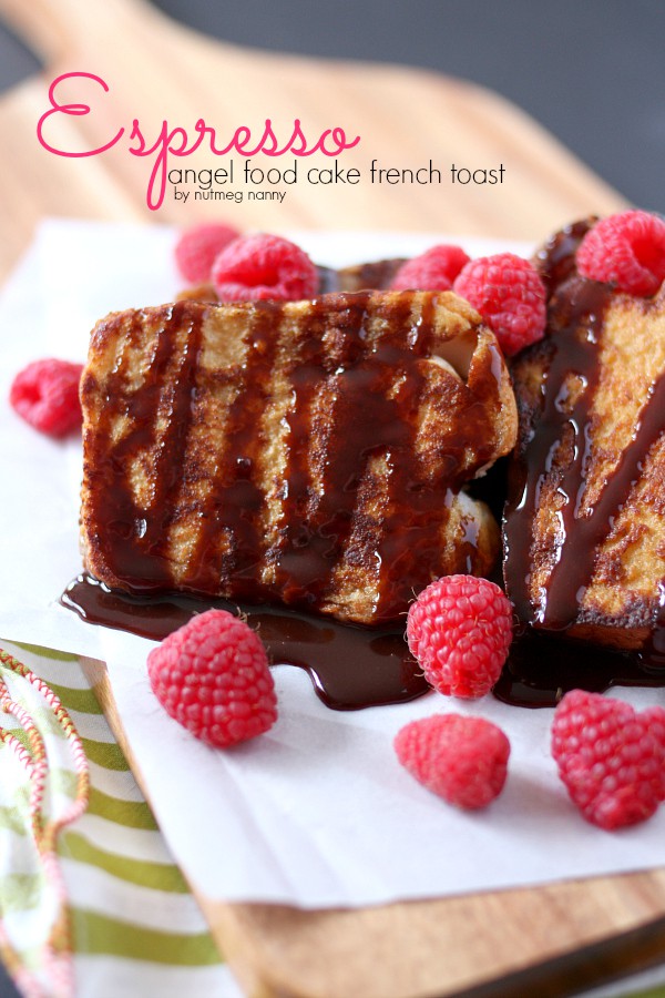 This espresso angel food cake french toast is the perfect breakfast pick me up. Sweet cake dipped in espresso milk and drizzled with chocolate sauce. So delicious and so easy to make!