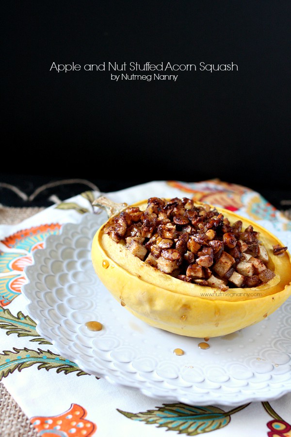 Delicious apple and nut stuffed acorn squash filled with sweet honey crisp apples, pumpkin seeds, walnuts, dried cherries and a touch of maple syrup.