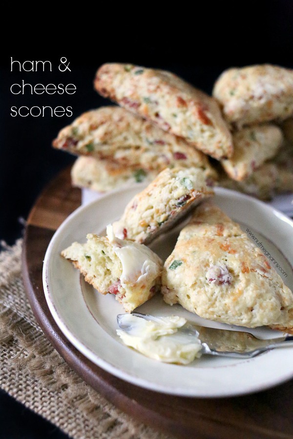 These ham and cheese scones are the perfect way to start the day. Packed full of ham, green onions and lots of melty cheese. Slather with butter and devour!