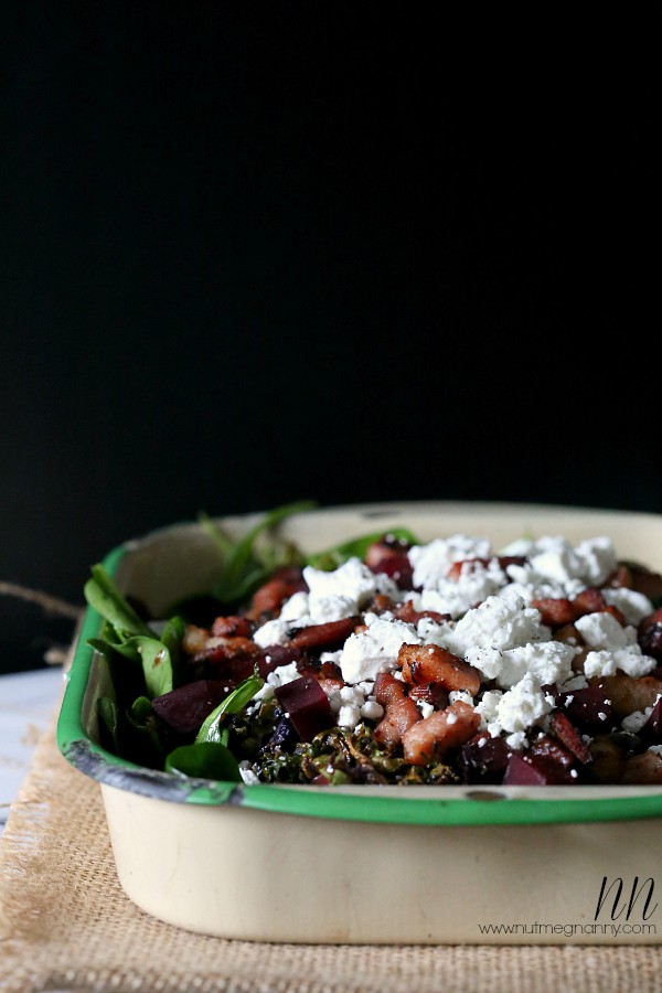 Crispy Roasted Brussels Sprout Beet and Bacon Salad by Nutmeg Nanny