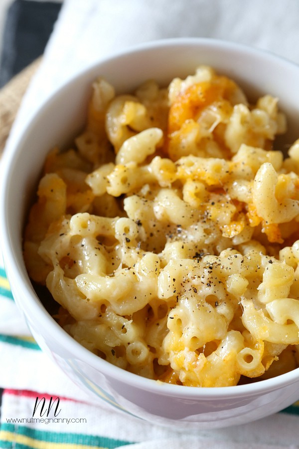 Five Cheese Mac and Cheese scooped in a bowl. 