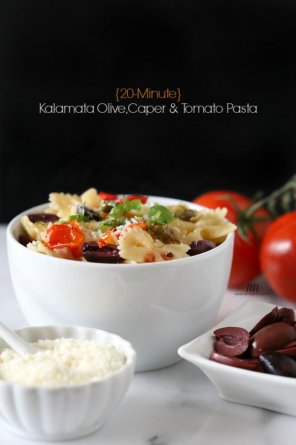 Kalamata Olive, Tomato and Caper Pasta in a bowl. 