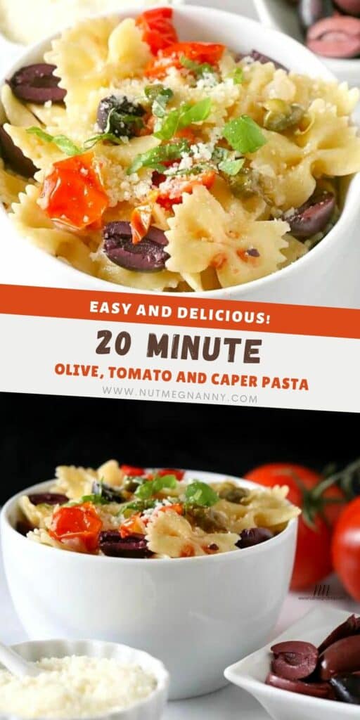 20 Minute Kalamata Olive, Tomato and Caper Pasta pin for pinterest.