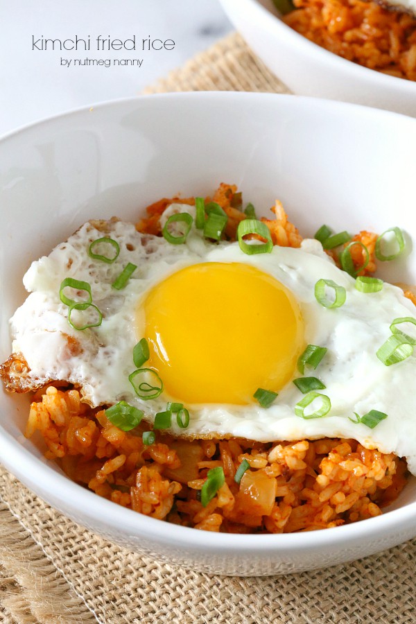 Kimchi Fried Rice topped with a fried egg. 