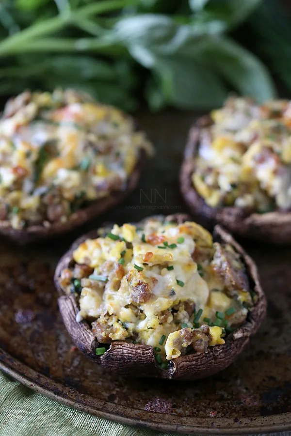 Breakfast Stuffed Mushrooms topped with chives. 