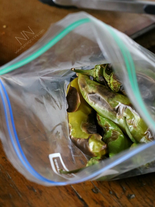 roasted hatch green chiles inside a ziplock bag.