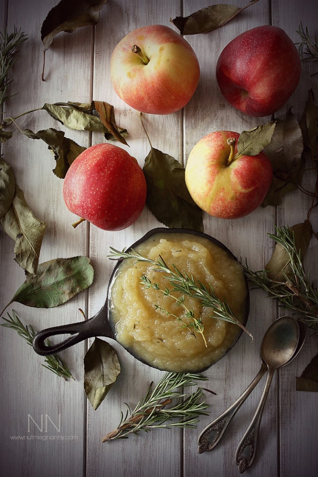 This sweet herbed applesauce is packed full of fresh fall apples, thyme and rosemary. It pairs perfectly with savory dishes and is great for Thanksgiving.
