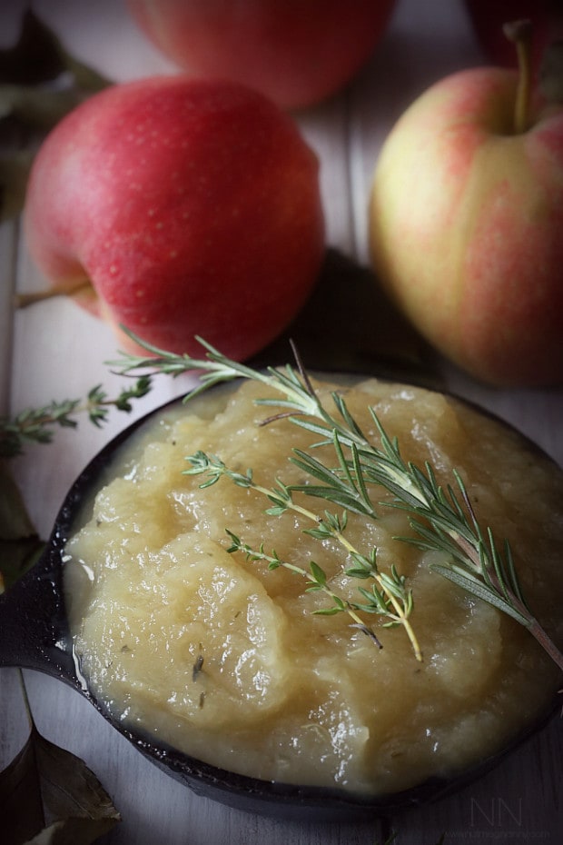 This sweet herbed applesauce is packed full of fresh fall apples, thyme and rosemary. It pairs perfectly with savory dishes and is great for Thanksgiving.