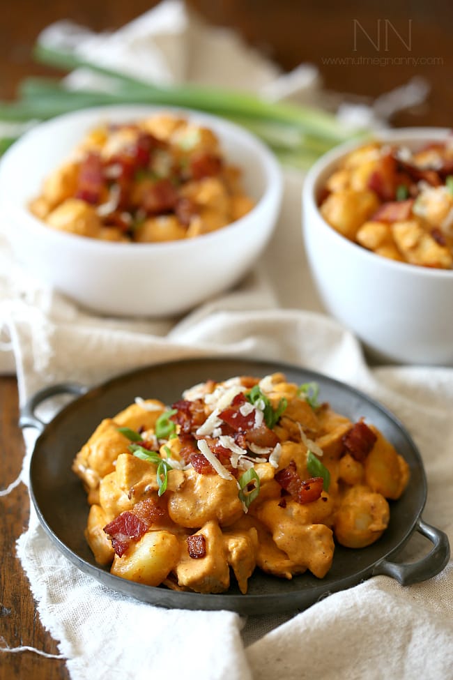 Chicken Bacon Pumpkin Gnocchi topped with extra bacon. 