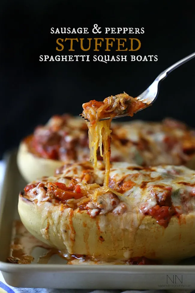 This sausage and peppers stuffed spaghetti squash is the perfect way to use up all that winter squash. Deliciously filling and and super simple to make.