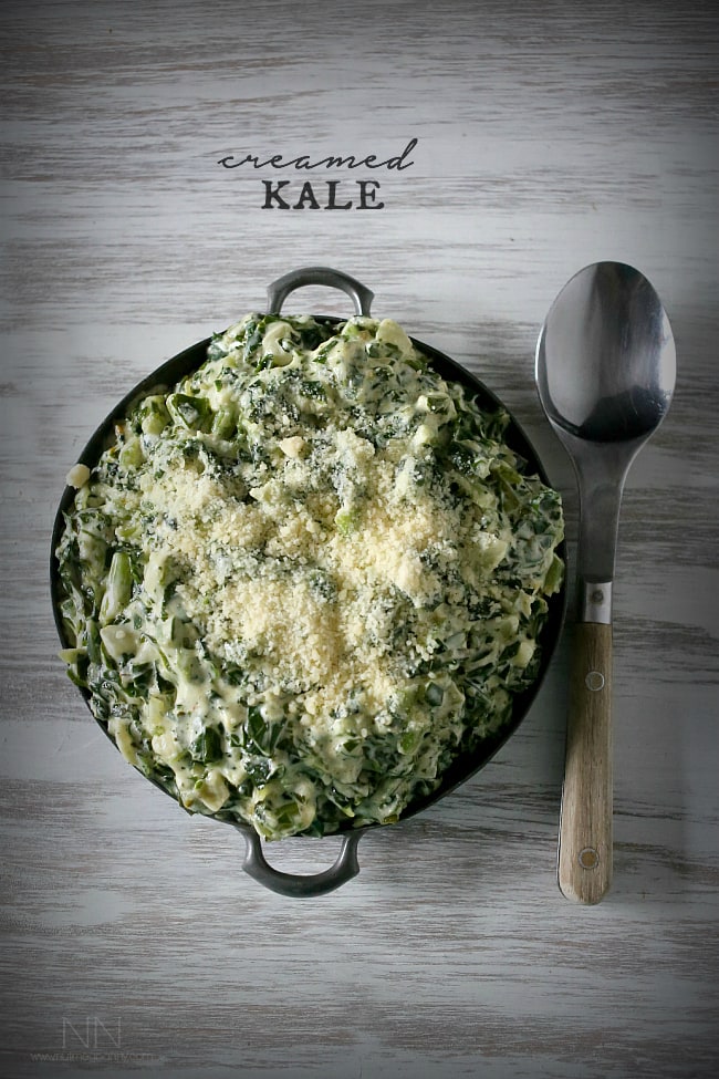 Creamed Kale in a small metal bowl. 