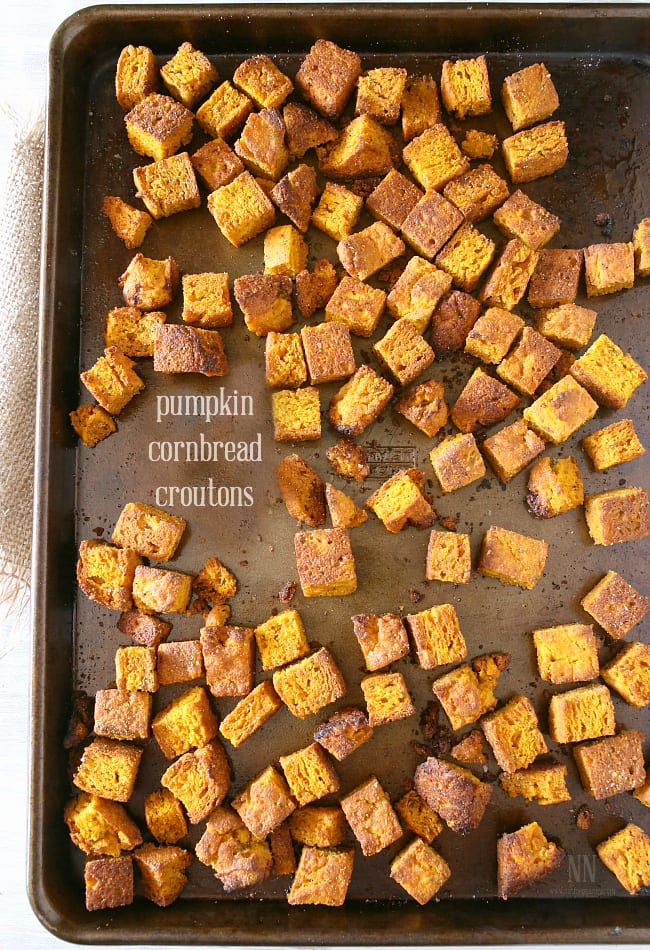 These simple pumpkin cornbread croutons are made from homemade pumpkin sage cornbread and are ready in just minutes! Perfect on soup, salad or in stuffing.