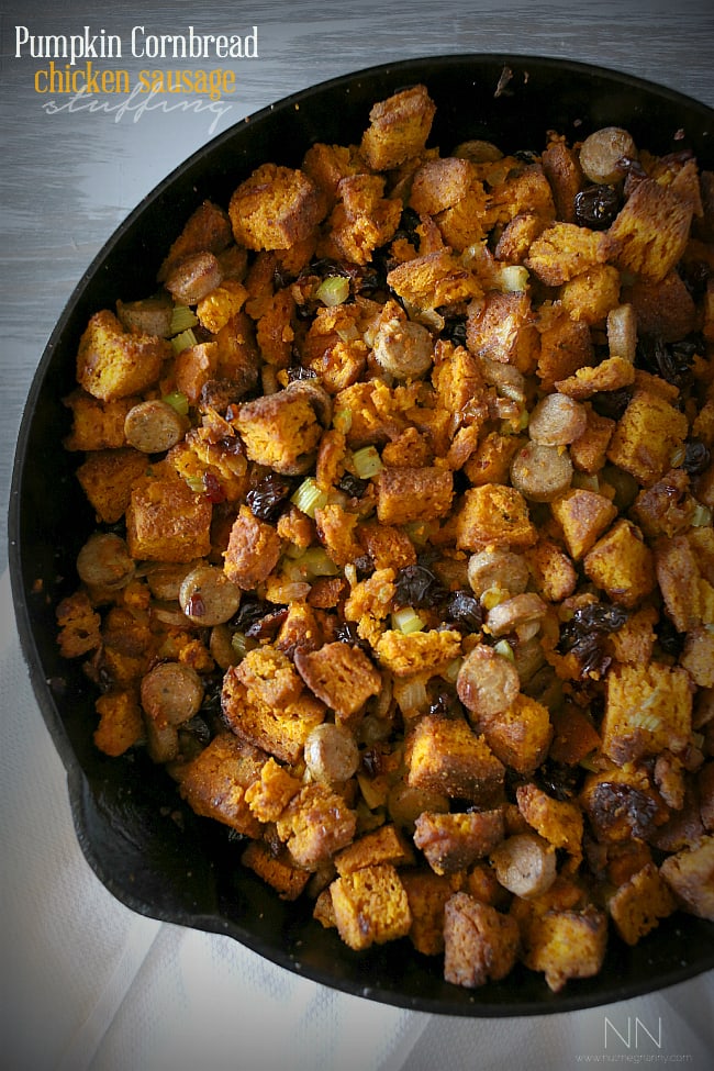 This pumpkin cornbread chicken sausage stuffing is packed full of homemade pumpkin sage cornbread croutons, chicken sausage and dried cherries. Perfect for Thanksgiving!