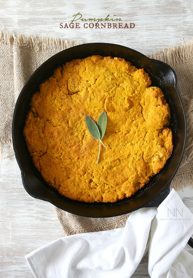 This simple homemade pumpkin sage cornbread can be eaten alone or turned into croutons and then into stuffing. Moist cornbread with a buttery crust - what's not to love?