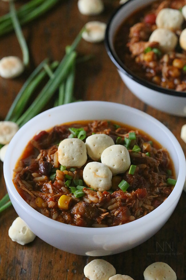 This simple turkey wild rice chili is the perfect way to use up all that leftover Thanksgiving turkey. Full of spicy flavor and perfect when topped with crackers.