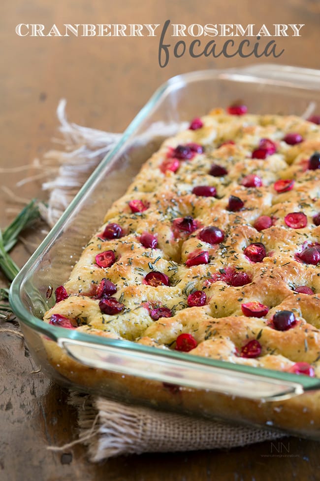 Cranberry Rosemary Focaccia in a glass dish. 