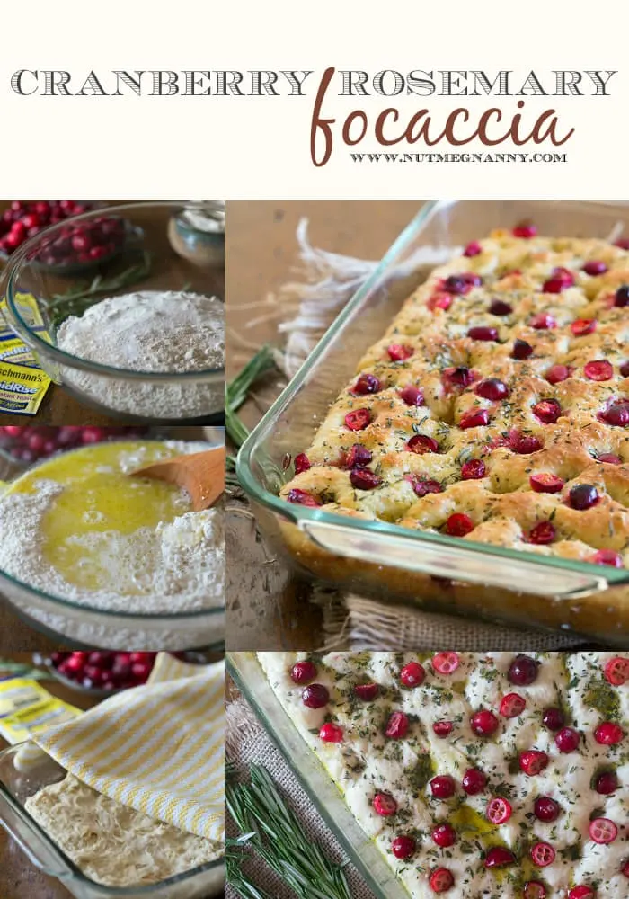 This cranberry rosemary focaccia is easily made from a fresh yeast dough and topped with lots of chopped rosemary, fresh tart cranberries and sprinkling of kosher salt.