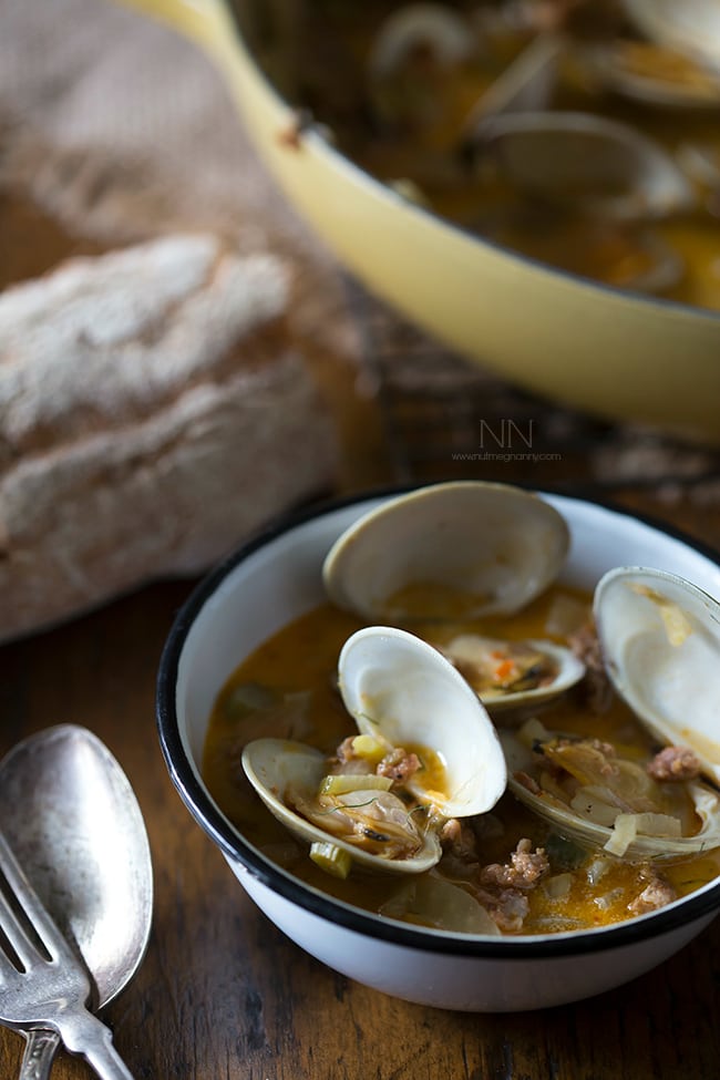 These drunken clams and sausage are paired with white wine, chicken stock, fennel and just a touch of cream. Perfect when served with crusty bread. 